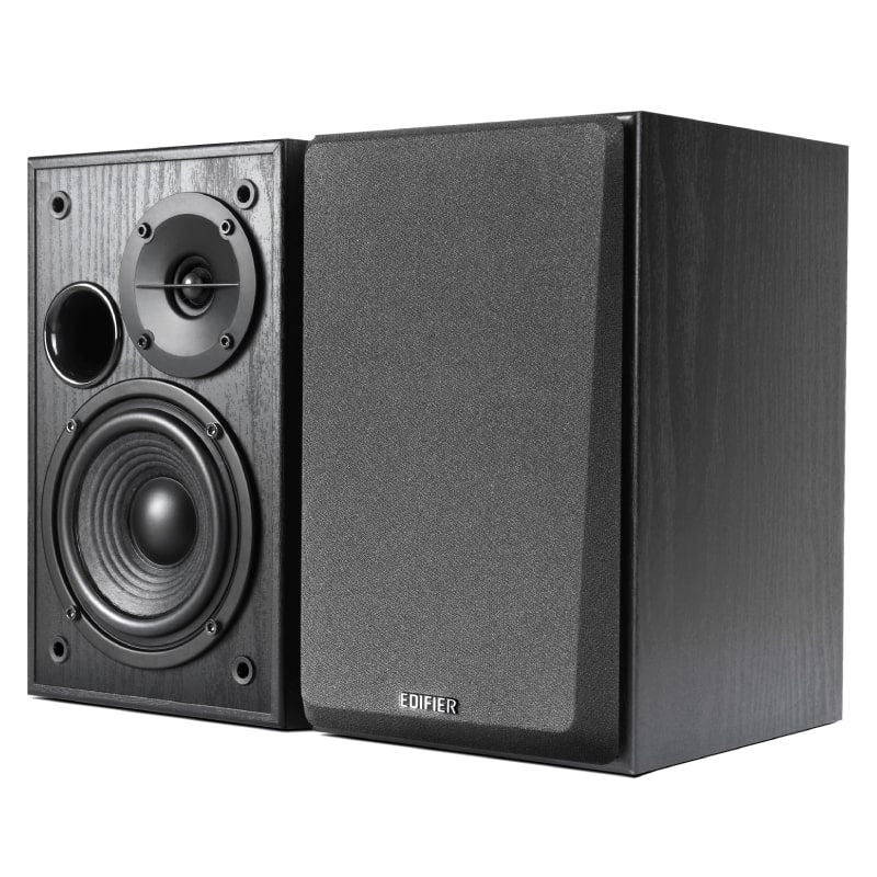 This image features a pair of Edifier bookshelf speakers with a sleek wooden design. One of the speakers is shown with the grille removed, revealing the driver components, including a tweeter, a mid-range driver, and a bass reflex port. The other speaker has its protective grille attached, giving it a more minimalist and professional look. This setup emphasizes both the aesthetic appeal and the functional audio quality of the speakers, making them ideal for home or office use.