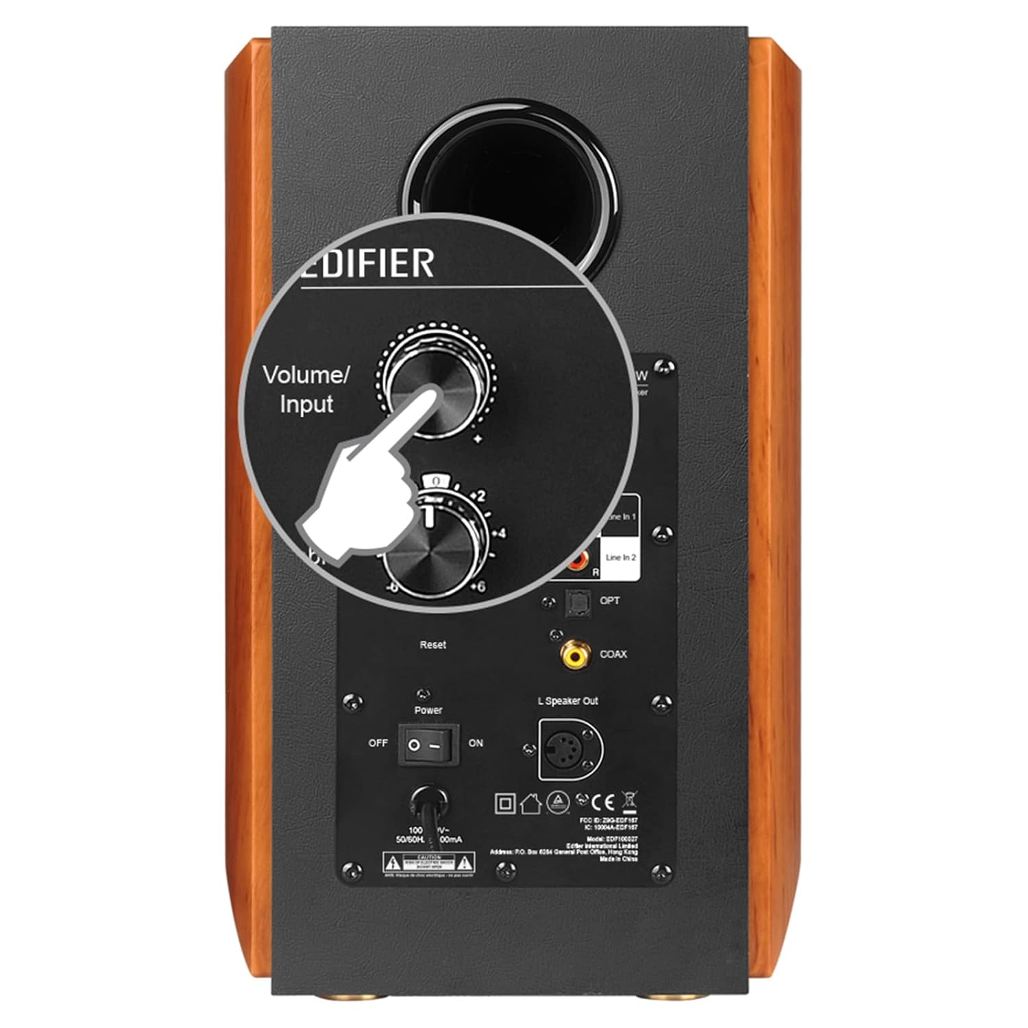 Close-up of the Edifier S1000W Wi-Fi bookshelf speaker's rear panel, highlighting the volume/input knob with a diagram emphasizing how to adjust the settings, along with visible connectivity options and control features.