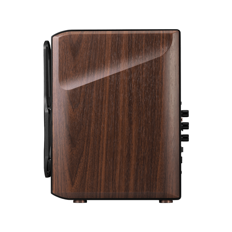 This updated image again highlights the side view of a premium speaker with a stunning wooden finish. The smooth, glossy texture and rich wood grain provide a touch of elegance, indicating high craftsmanship and quality. Let me know how I can assist further!