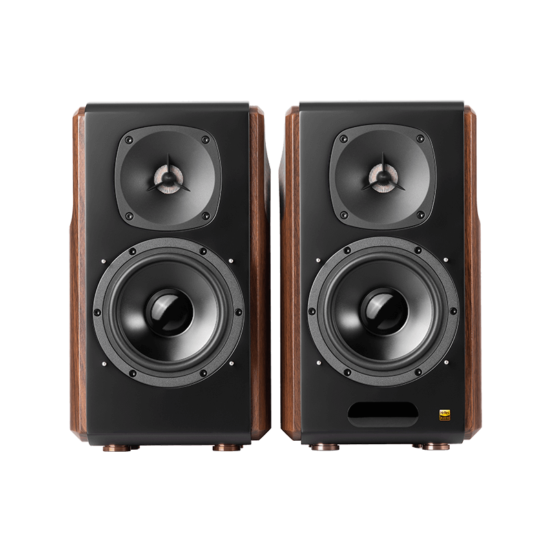 This image displays a pair of high-end speakers with a sleek design featuring a black front panel and wooden side accents. Each speaker includes a large woofer, a tweeter, and a bass reflex port, suggesting powerful and balanced audio performance. Perfect for professional or home audio setups.