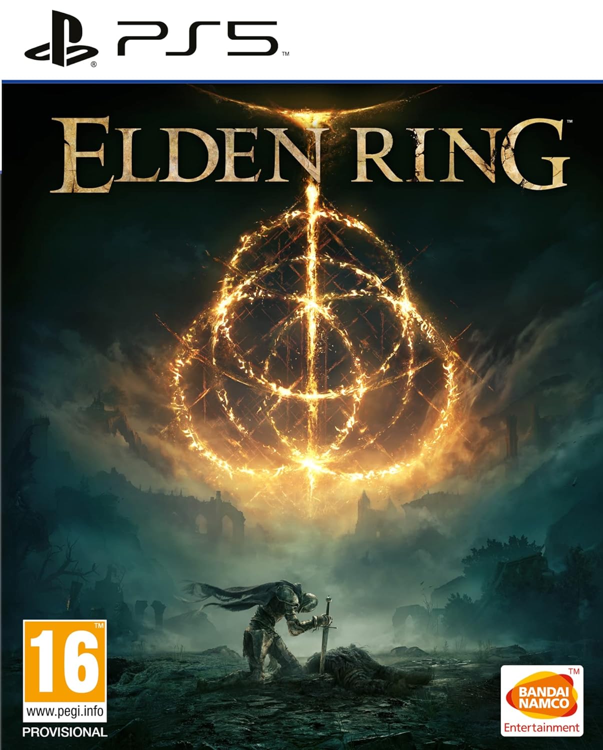 Elden Ring video game cover featuring a glowing sigil above a warrior with a sword, set against a dark, haunting landscape.