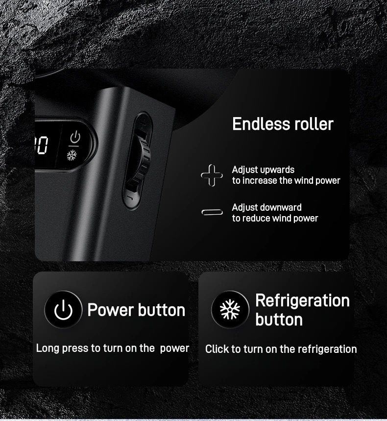 Endless Roller:  Adjust upwards: Increases the wind power. Adjust downwards: Reduces the wind power. This roller allows for seamless adjustment of the fan's speed, giving users precise control over the airflow intensity. Power Button:  Long press to turn on the power. This indicates that the fan is activated with a long press, ensuring that it doesn't accidentally turn on with a simple tap. Refrigeration Button:  Click to turn on the refrigeration. This button likely activates an additional cooling function