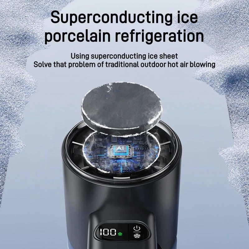 Superconducting Ice Sheet: The visual shows the ice sheet placed above the internal components, likely enhancing the cooling effect by lowering the air temperature before it is blown out by the fan. AI Integration: The circuitry beneath the ice sheet hints at AI integration, which could be used to optimize cooling performance and energy efficiency. Digital Display: The fan’s display is visible, reinforcing its modern, high-tech design.