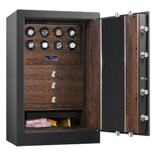  A large, secure safe with an open door showcasing a sophisticated interior. The inside features a wood-grain finish and is divided into several compartments. The top section includes eight watch winders, with a digital control panel situated below them. The middle section has three wooden drawers with sleek metallic handles. The bottom section stores stacks of cash and a gold bar. The interior of the door is quilted in black with visible locking bolts.