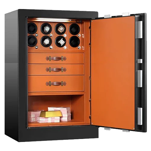  A large, secure safe with an open door revealing an organized interior. The inside of the safe is lined with a vibrant orange color and contains multiple compartments. The top section features eight watch winders, while the middle section has three drawers with elegant handles. The bottom section holds stacks of cash and a gold bar.