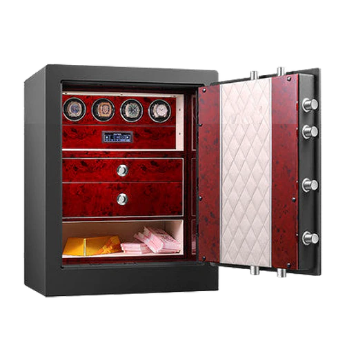  A black safe with an open door revealing a red interior. Inside, the safe features two red drawers with silver handles and a watch winding mechanism for four watches at the top. The bottom compartment contains stacks of cash. The inside of the safe door is quilted with a beige diamond pattern, and the door has multiple secure locking mechanisms.