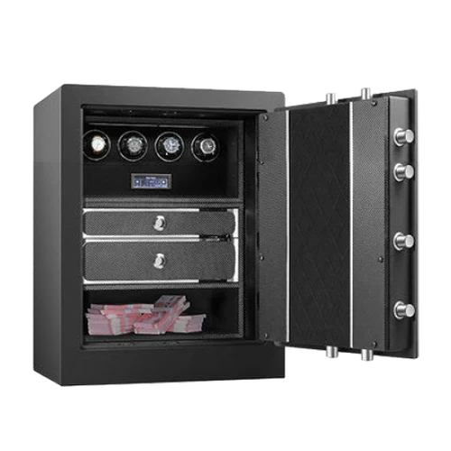 A black safe with an open door revealing a grey interior. Inside, the safe features two grey drawers with silver handles and a watch winding mechanism for four watches at the top. The bottom compartment contains stacks of cash. The safe door has multiple secure locking mechanisms, providing enhanced security for valuable items.