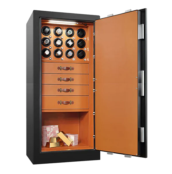 An elegant watch safe stands open, revealing its luxurious interior. The inside is lined with a rich orange-brown finish and features multiple rows of watch winders, each capable of holding and winding several watches