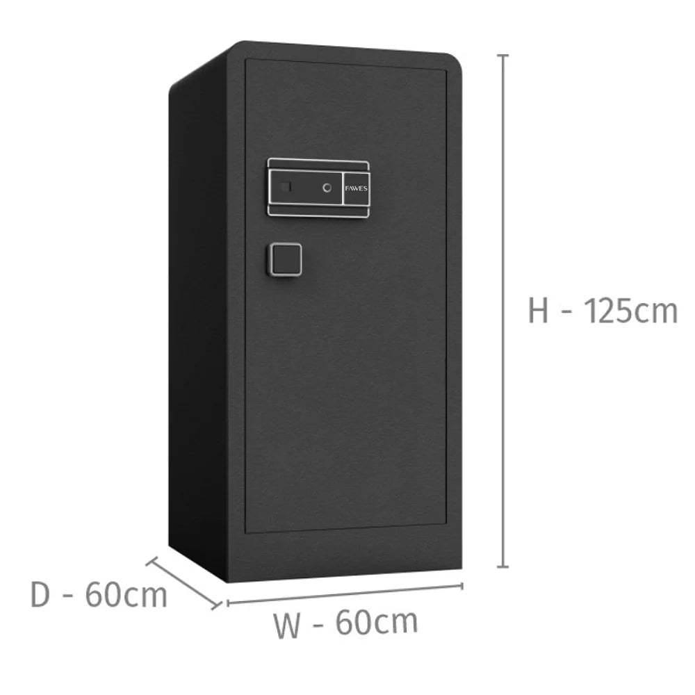  A black, rectangular safe with a minimalist design. It has a digital keypad and handle on the front. The dimensions of the safe are indicated as follows: height (H) is 125 cm, width (W) is 60 cm, and depth (D) is 60 cm.