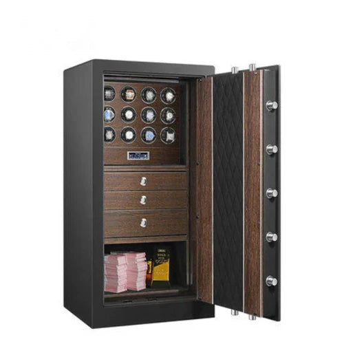 A luxurious watch safe stands open, revealing its elegant interior. The inside is lined with dark wood and features two rows of watch winders, each capable of holding and winding multiple watches