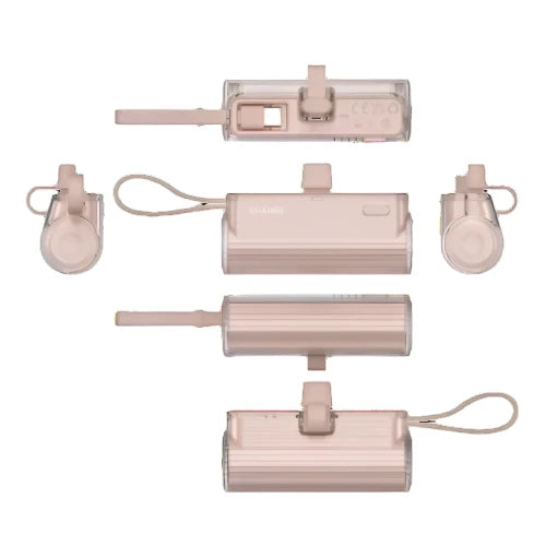 Multiple views of a pink portable USB-C charger with a compact design, keychain loop, and protective cover.