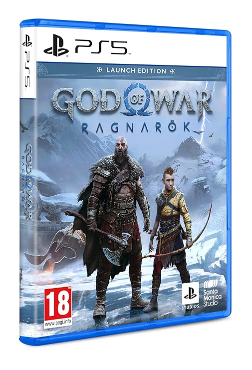 This image shows the *God of War: Ragnarök* Launch Edition for PlayStation 5, with the cover art featuring Kratos and Atreus standing together in a snowy, rugged landscape. Kratos holds his iconic Leviathan Axe, while Atreus stands ready with his bow. The scene emphasizes the game's themes of adventure and mythology, and the game's logo is prominently displayed above them, along with PlayStation and Santa Monica Studio branding.