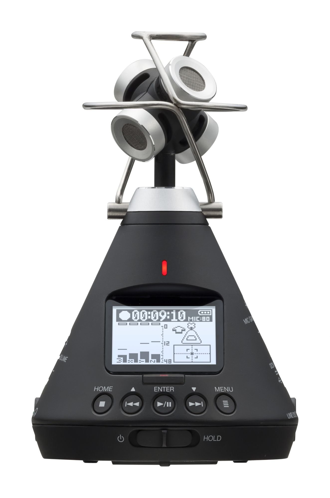 A Zoom H3-VR Handy Recorder, featuring a distinctive pyramidal design with a built-in ambisonic microphone array on top. The microphone array includes four microphone capsules arranged in a tetrahedral configuration, supported by a metallic frame.