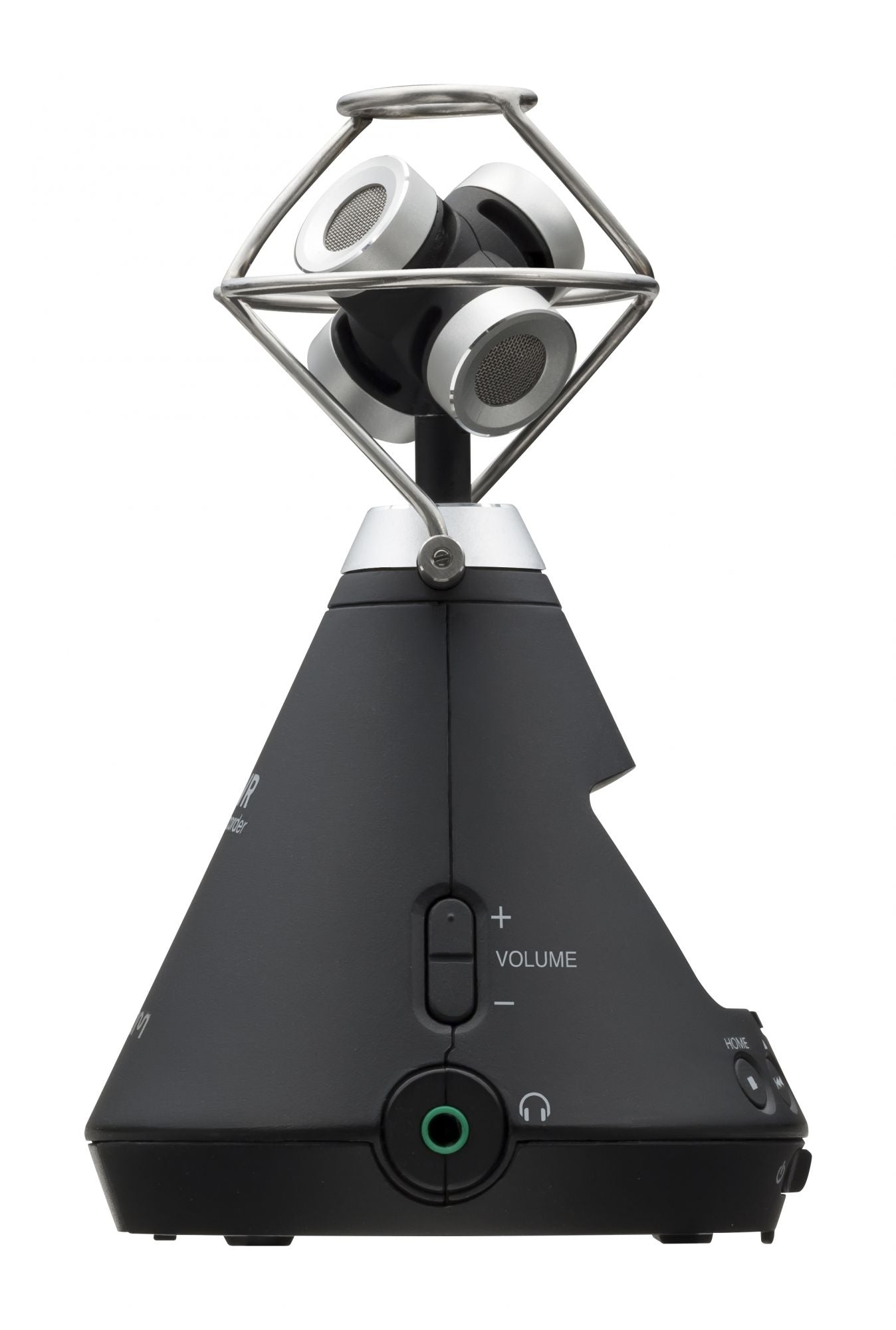 Side view of the Zoom H3-VR Handy Recorder, featuring a built-in ambisonic microphone array with four microphone capsules arranged in a tetrahedral configuration and supported by a metallic frame