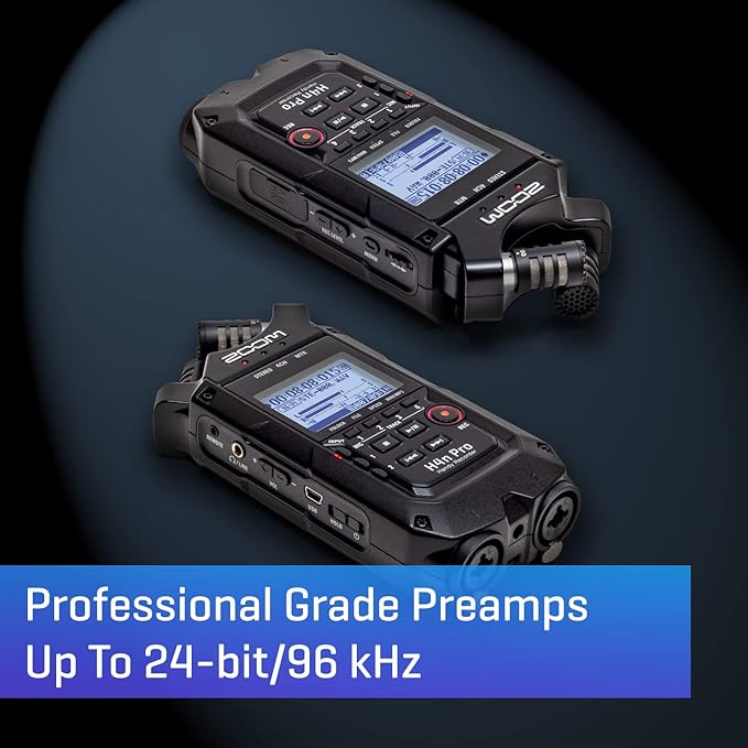 image for the Zoom H4n Pro Handy Recorder, showcasing two views of the device. 