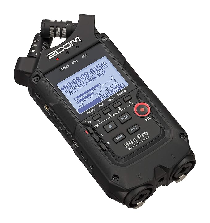 Zoom H4n Pro Handy Recorder displaying the LCD screen, control buttons, and dual XLR/TRS combo inputs at the bottom. The device features dual XY stereo microphones at the top.