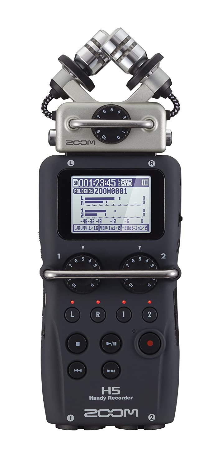 Front view of the Zoom H5 Handy Recorder showcasing the XYH-5 X/Y microphone capsule, the LCD screen displaying recording information, and control buttons for easy operation.