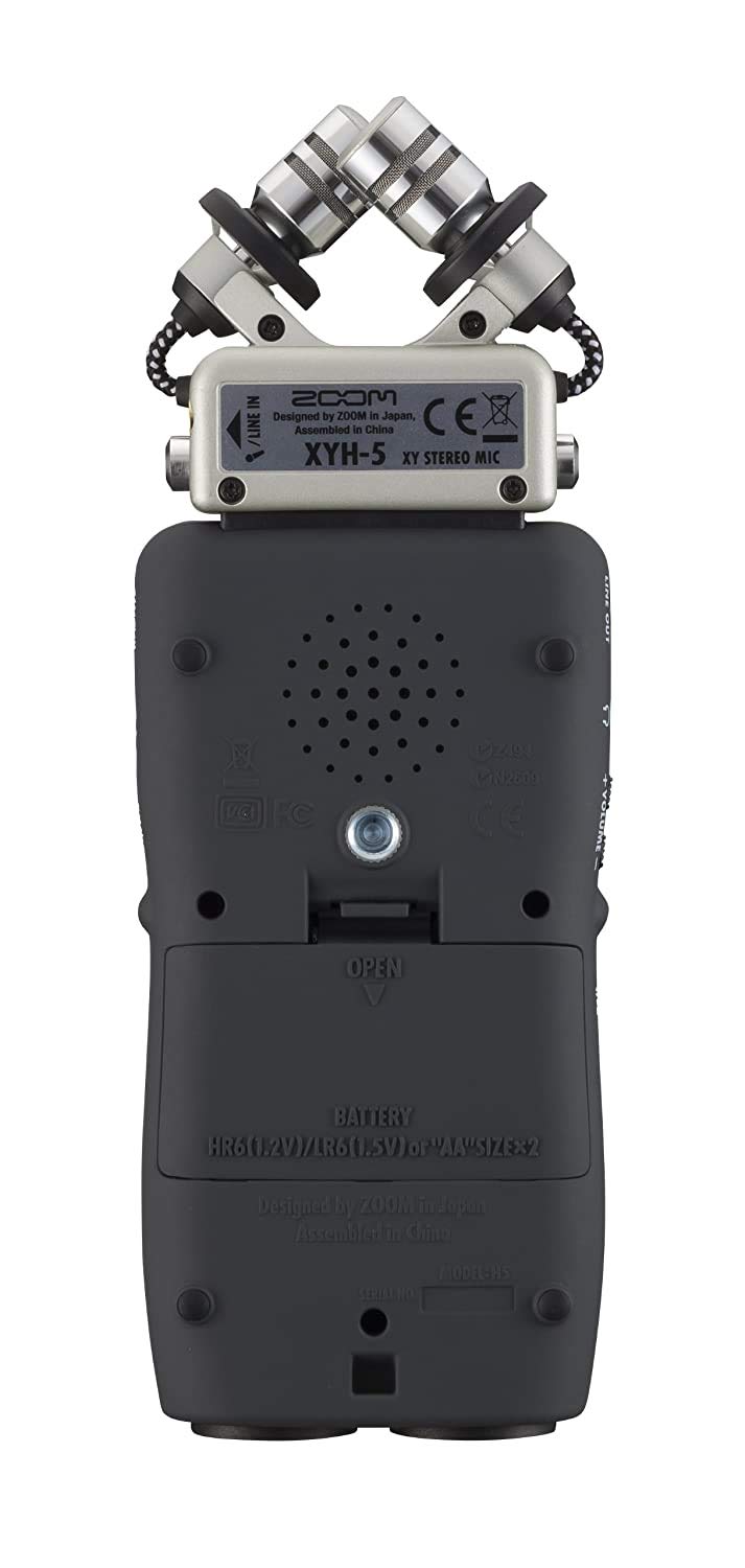 Rear view of the Zoom H5 Handy Recorder featuring the XYH-5 X/Y microphone capsule, the battery compartment, and a tripod mount at the bottom.