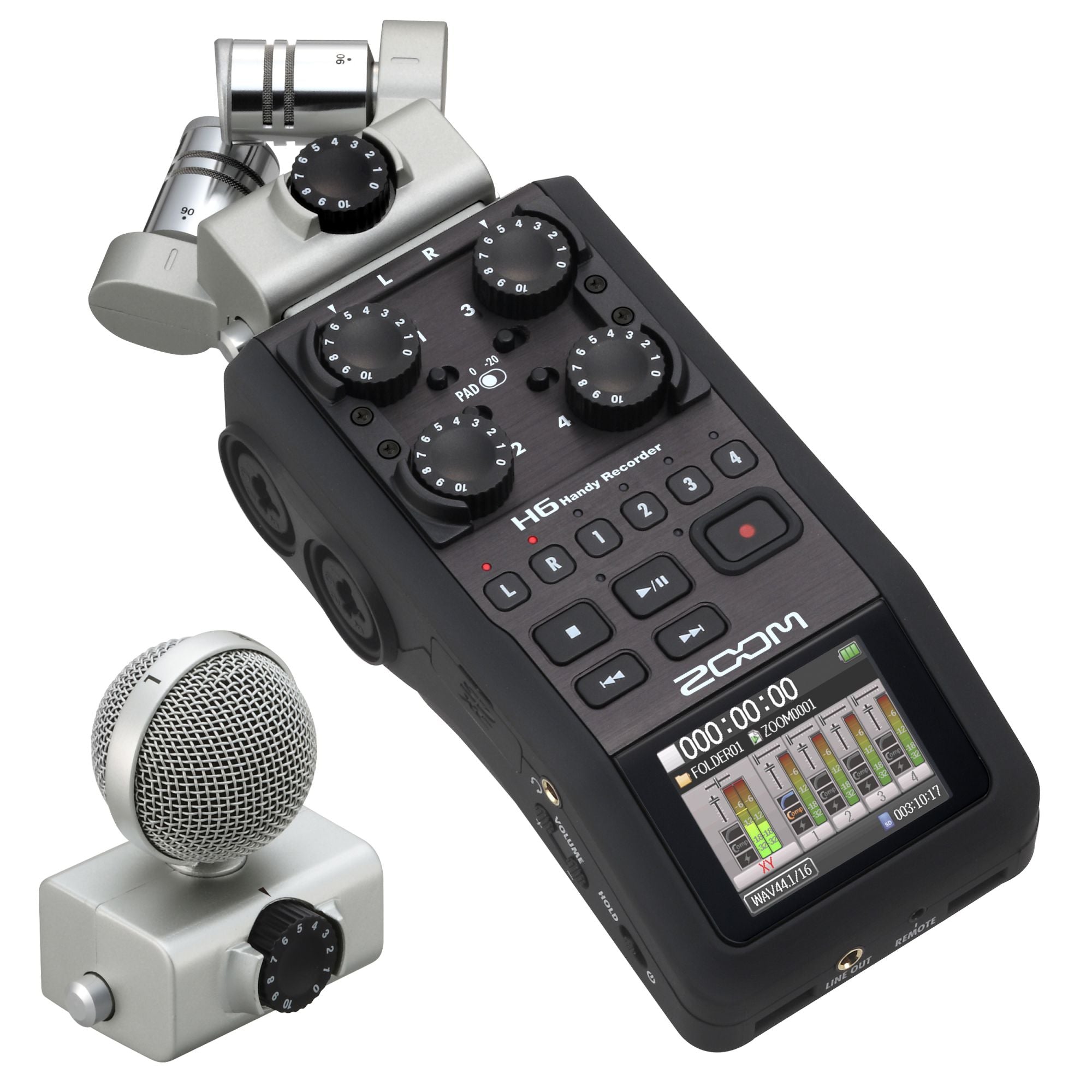 Zoom H6 Handy Recorder with an attached XY microphone capsule, displayed alongside an additional detachable microphone capsule. The recorder features four input channels with gain controls and a full-color LCD screen.