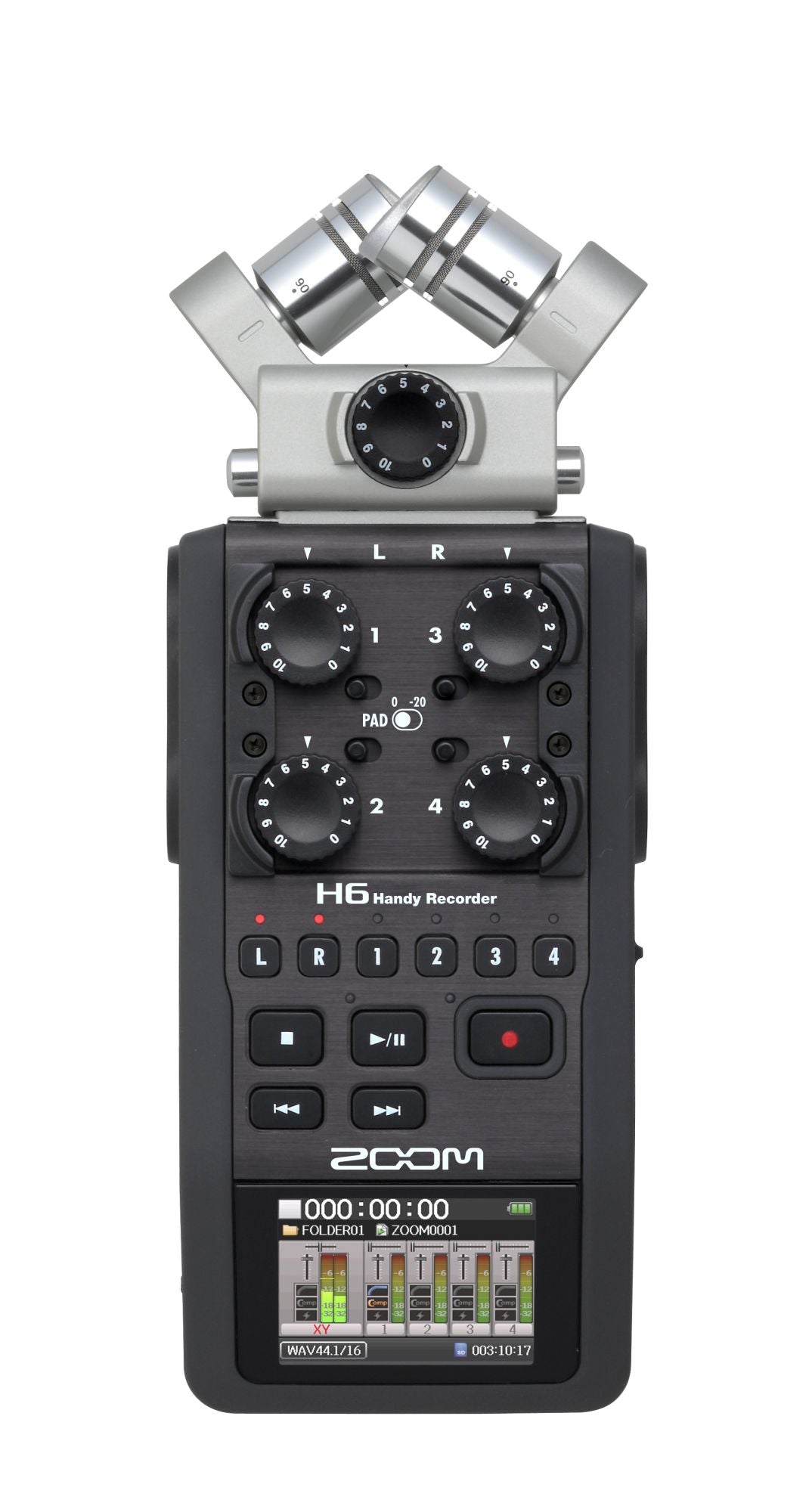 Front view of the Zoom H6 Handy Recorder, featuring its detachable XY stereo microphone, four gain control knobs, an LCD screen displaying audio levels, and various function buttons for recording and playback.