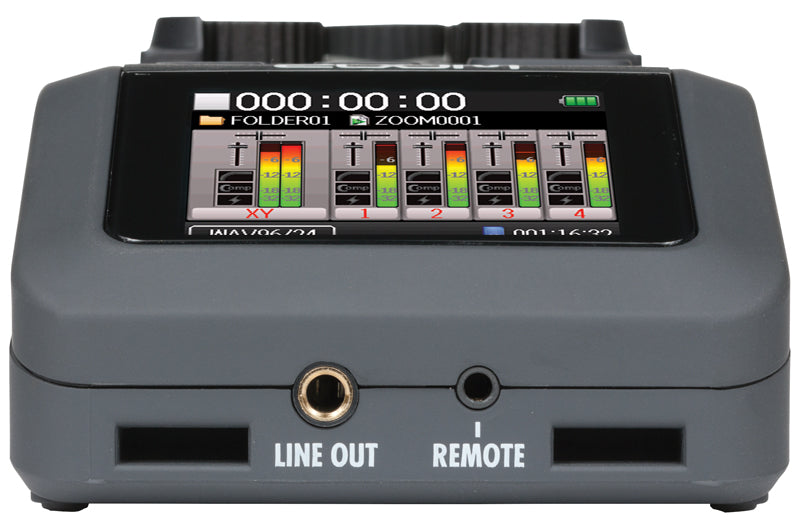 Close-up view of the Zoom H6 Handy Recorder's screen, displaying audio levels for multiple tracks. Below the screen, there are ports labeled "LINE OUT" and "REMOTE."