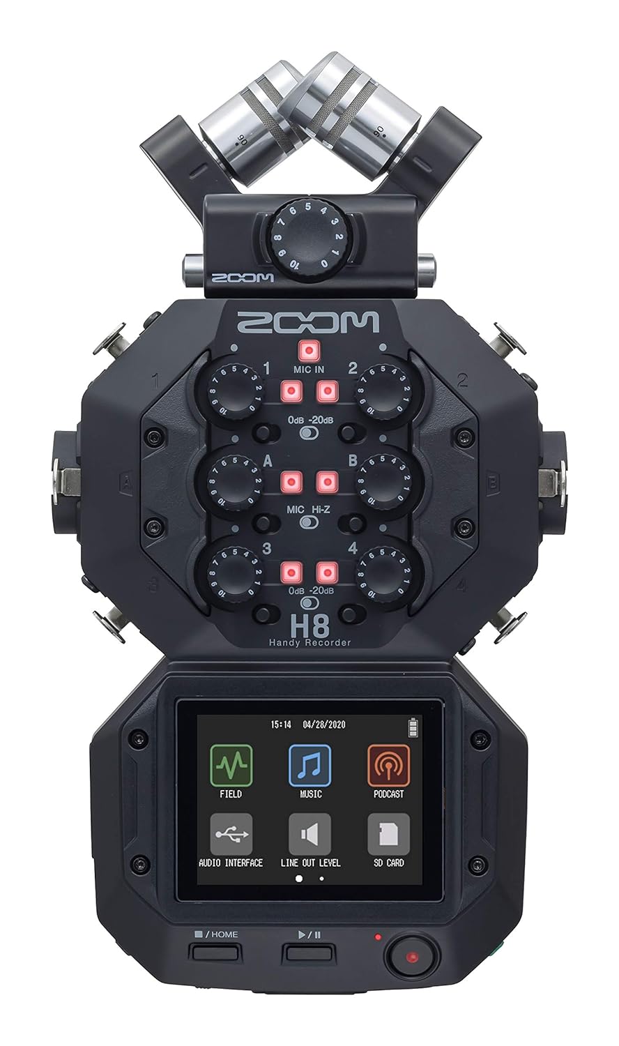 Front view of the Zoom H8 Handy Recorder showcasing its dual microphone setup, multiple control knobs, and touch screen interface for various recording modes and settings.