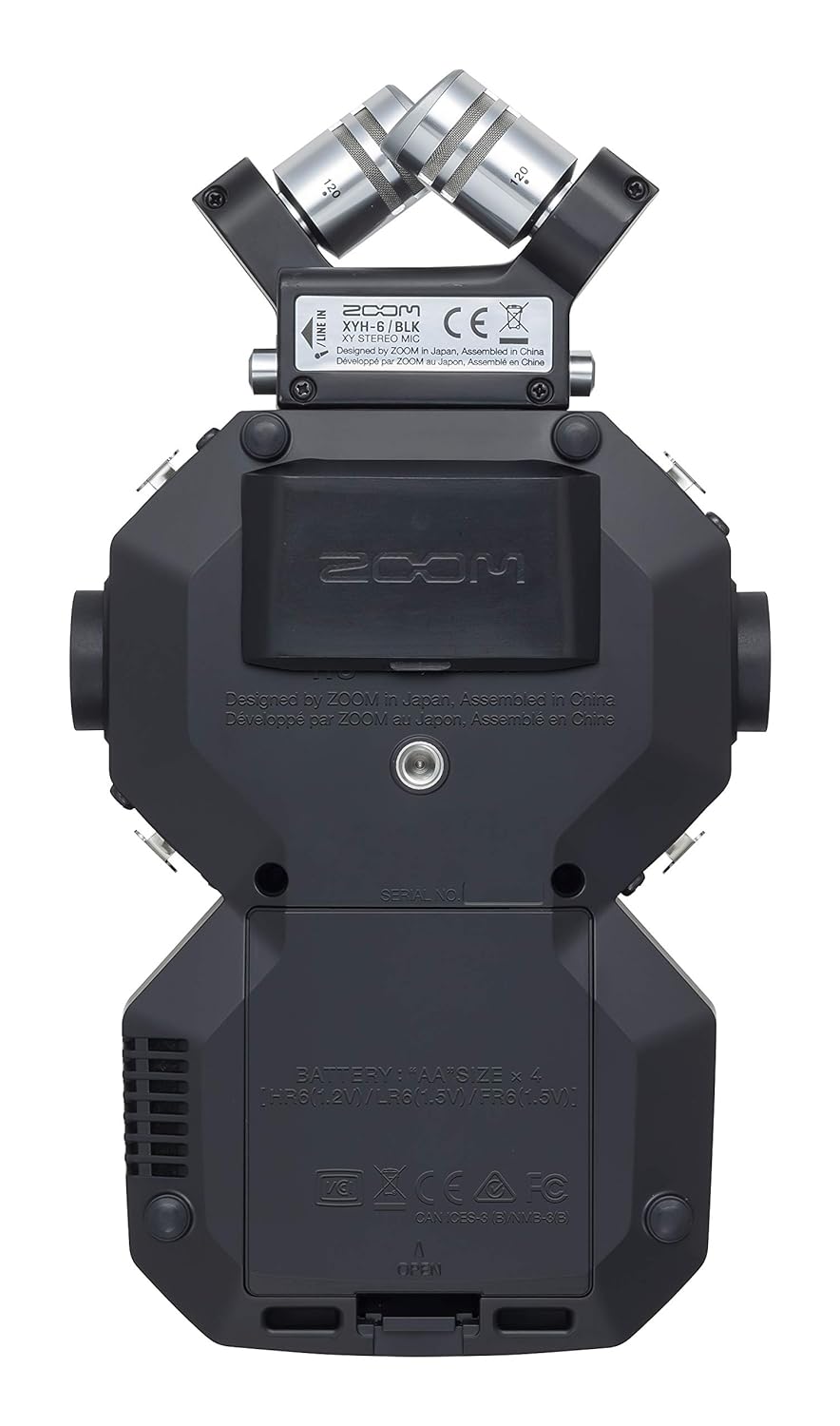 Back view of the Zoom H8 Handy Recorder highlighting its battery compartment, dual microphone setup, and additional connectivity options for professional audio recording.