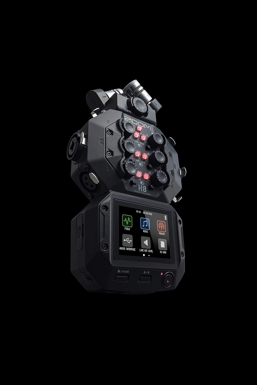 Zoom H8 Handy Recorder showcasing its multi-functional interface, control knobs, and display screen, designed for versatile audio recording applications.