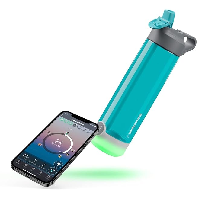 Smart aqua water bottle paired with a smartphone displaying an app interface, emphasizing hydration tracking. The bottle features a glowing base indicating smart functionality, while the connected app provides real-time metrics to monitor daily water intake. Perfect for tech-savvy individuals focused on wellness and fitness goals.