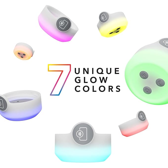 A dynamic display of smart glow rings in various vibrant colors like neon green, radiant pink, and soft blue, highlighting their sleek design. The text "7 Unique Glow Colors" emphasizes the variety of color modes available, making them perfect for illuminating settings with a modern touch.