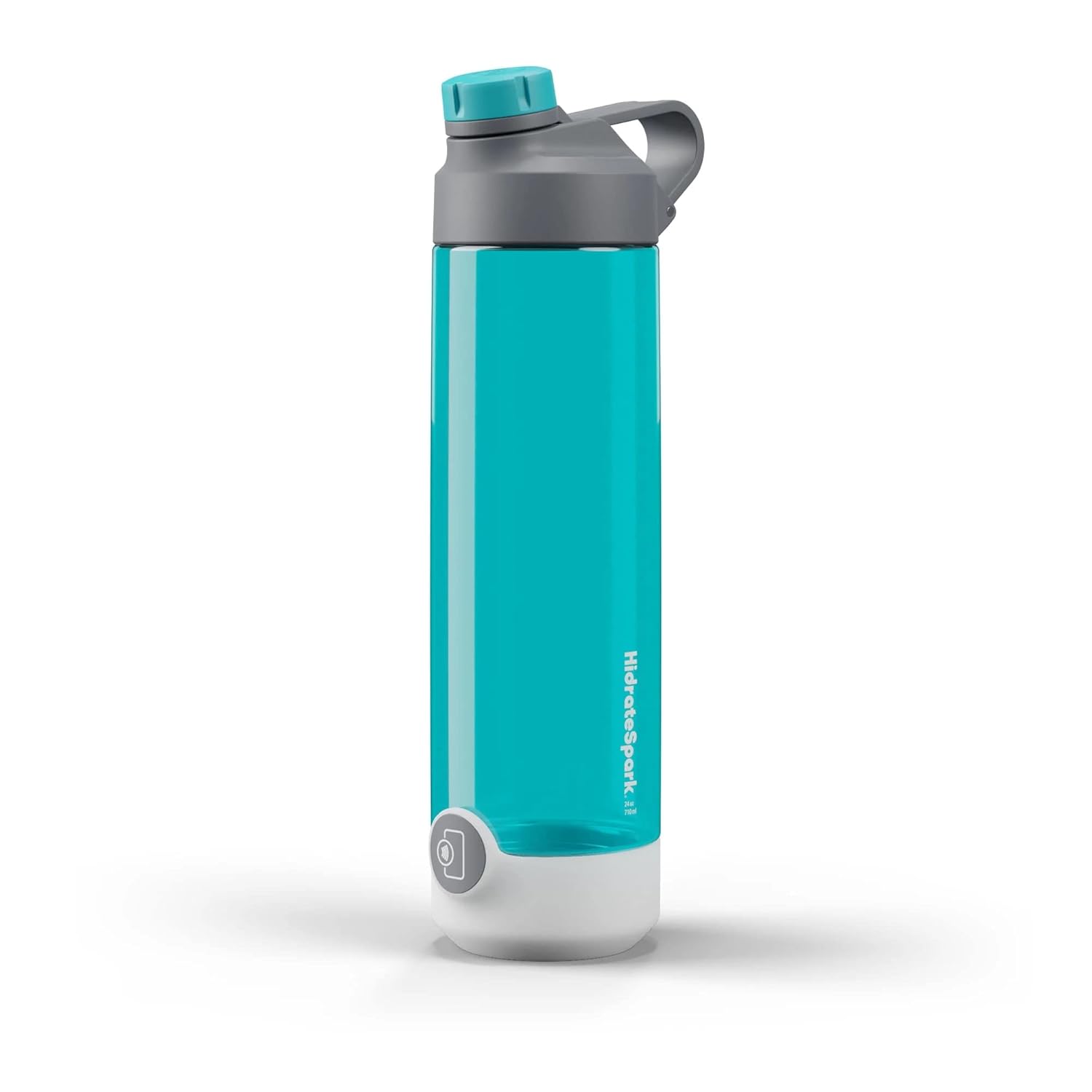 This image showcases a sleek aqua-colored smart water bottle with a gray lid and a flip-top spout, featuring a convenient carry handle. The bottle has a white base with a built-in button, likely for activating a smart feature or a hydration reminder. The minimalist design highlights the "HidrateSpark" branding on the side.