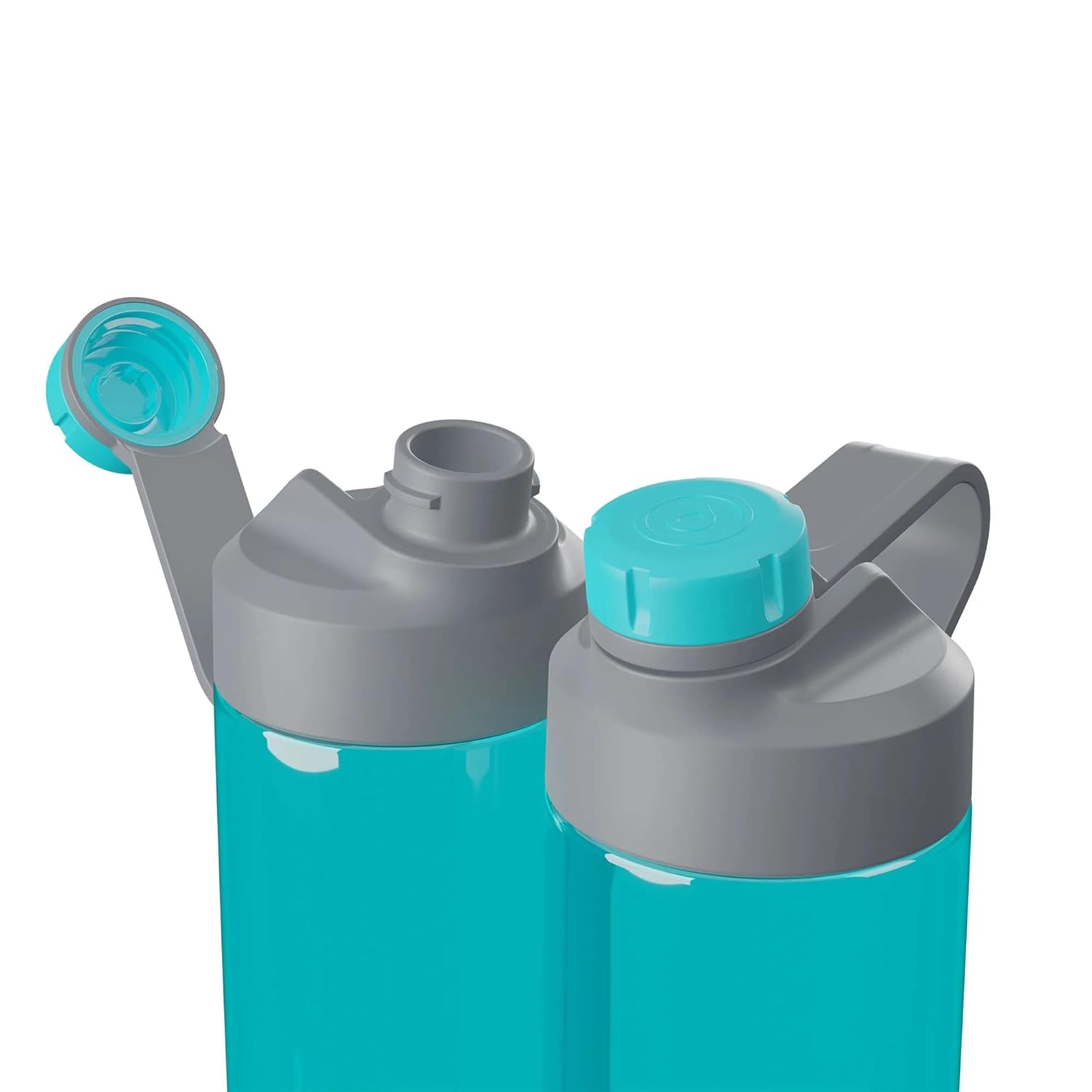 The image displays two aqua-colored smart water bottles with gray lids. One bottle shows an open flip-top spout, while the other bottle is sealed with a matching screw-on cap. The design features a convenient handle integrated into the lid for easy carrying.