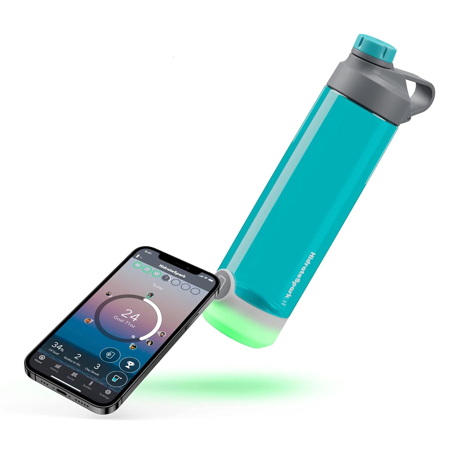 A smart hydration tracking bottle paired with a smartphone app, displaying hydration metrics and glowing to remind users to stay hydrated.