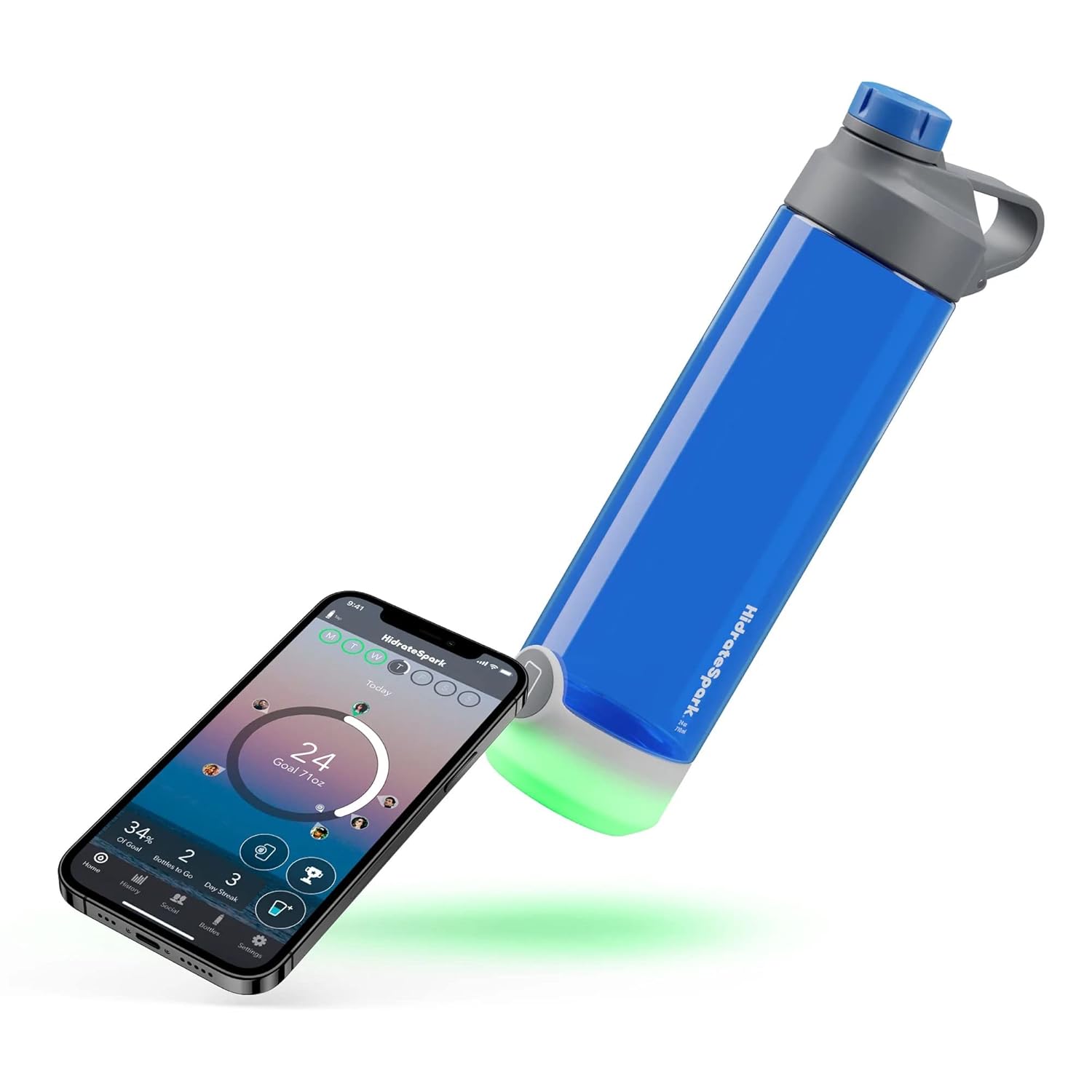 The image showcases a blue HidrateSpark water bottle alongside a smartphone displaying the corresponding hydration tracking app. The water bottle features a smart sensor at the base that lights up, alerting the user to drink water. The smartphone app displays real-time hydration levels, offering users a convenient way to track their daily water intake. The sleek design of the bottle, combined with the app's user-friendly interface, makes it an ideal hydration solution for tech-savvy, health-conscious indivi