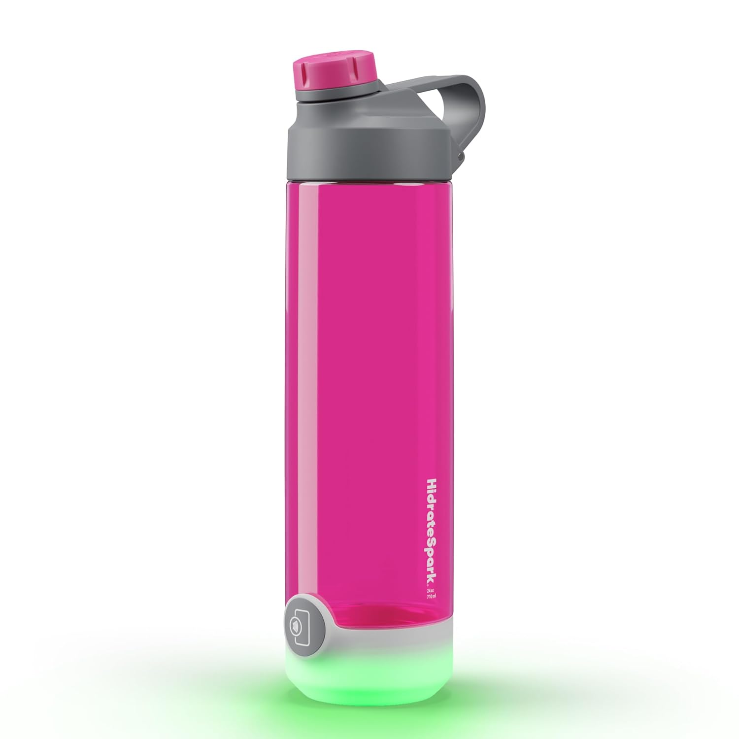 This image features the HidrateSpark smart water bottle in a bright pink shade with a gray cap and a secure spout. The base of the bottle is illuminated with a green glow, highlighting the bottle's smart hydration tracking feature. The HidrateSpark branding is printed vertically along the side of the bottle. The design emphasizes both style and functionality, aimed at promoting consistent hydration.