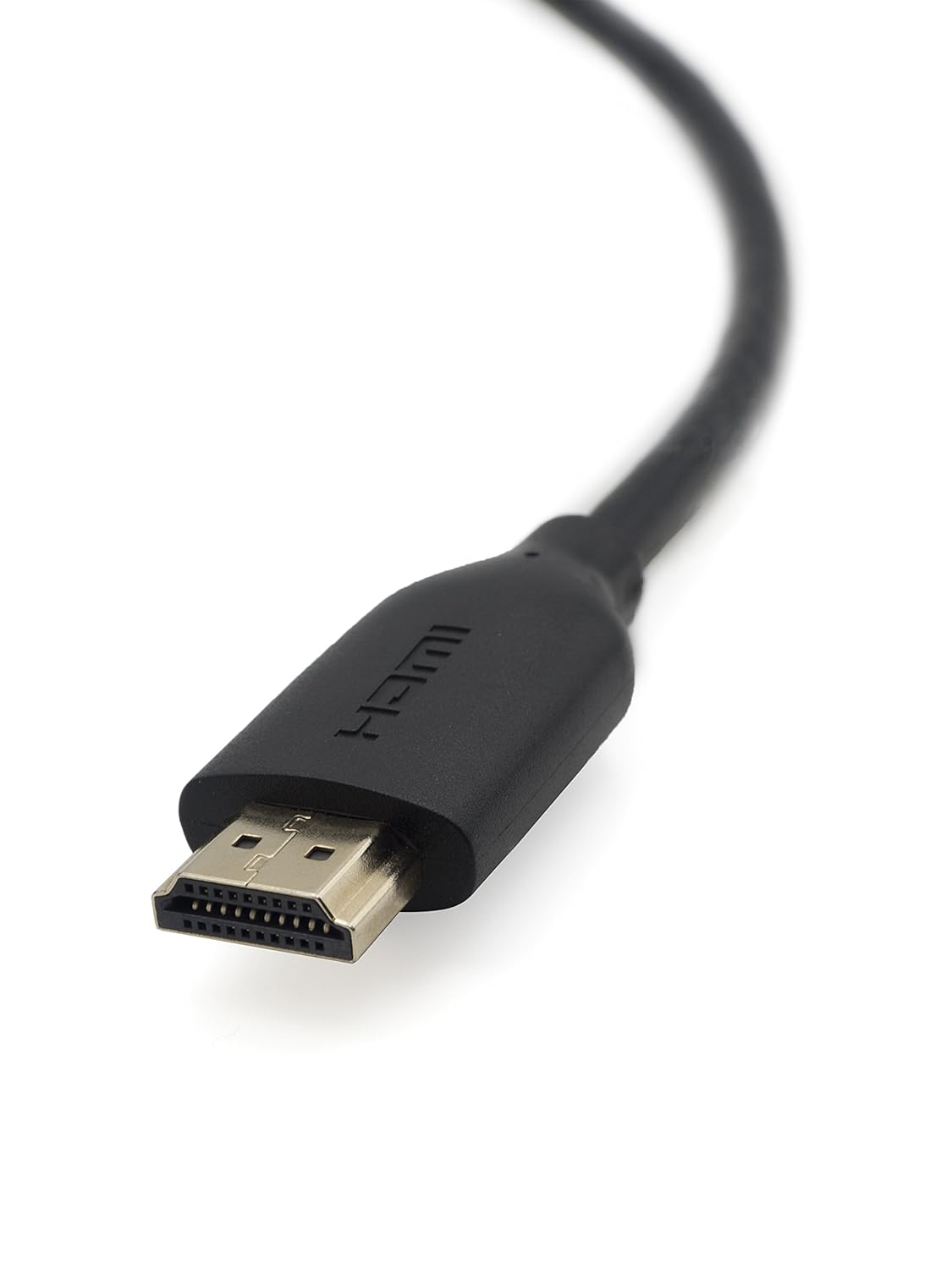 The image shows a close-up of an HDMI cable, specifically the male connector end. The cable features a standard HDMI connector with a gold-plated tip, designed to provide high-quality audio and video signal transmission. The HDMI connector has the typical flat and rectangular shape with 19 pins inside, suitable for connecting devices like TVs, monitors, projectors, or gaming consoles to a laptop, media player, or other HDMI-enabled devices. The overall build looks robust, ensuring durability for frequent us