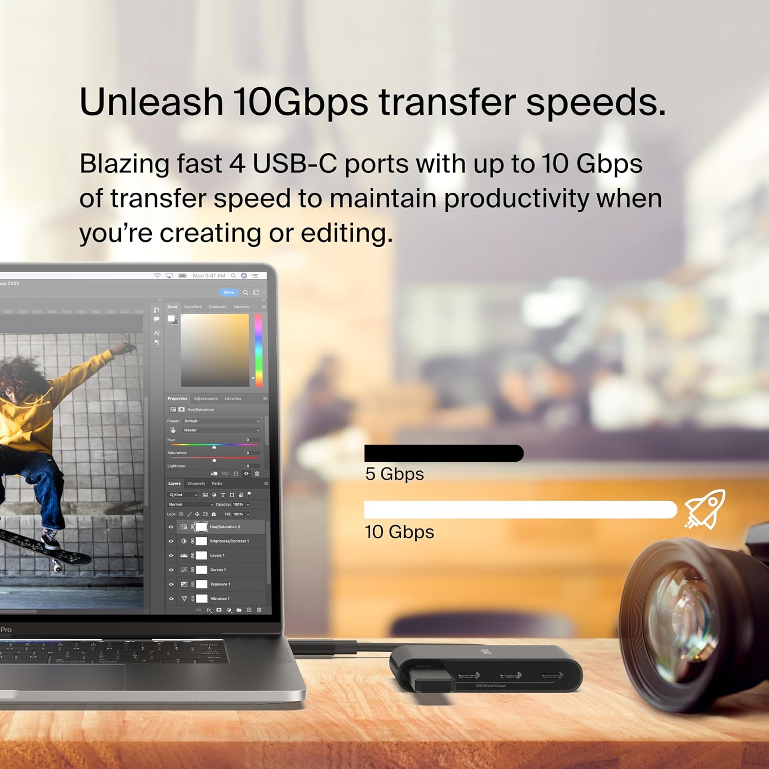 Here’s the alt text for the new image:

"USB-C hub with 10Gbps transfer speed, featuring 4 high-speed ports for fast data transfers, ideal for content creators and editors."