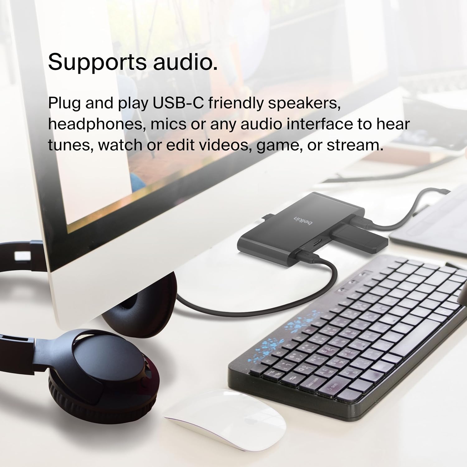 Supports audio via USB-C for plug-and-play speakers, headphones, microphones, and other audio interfaces, ideal for music, video editing, gaming, or streaming.