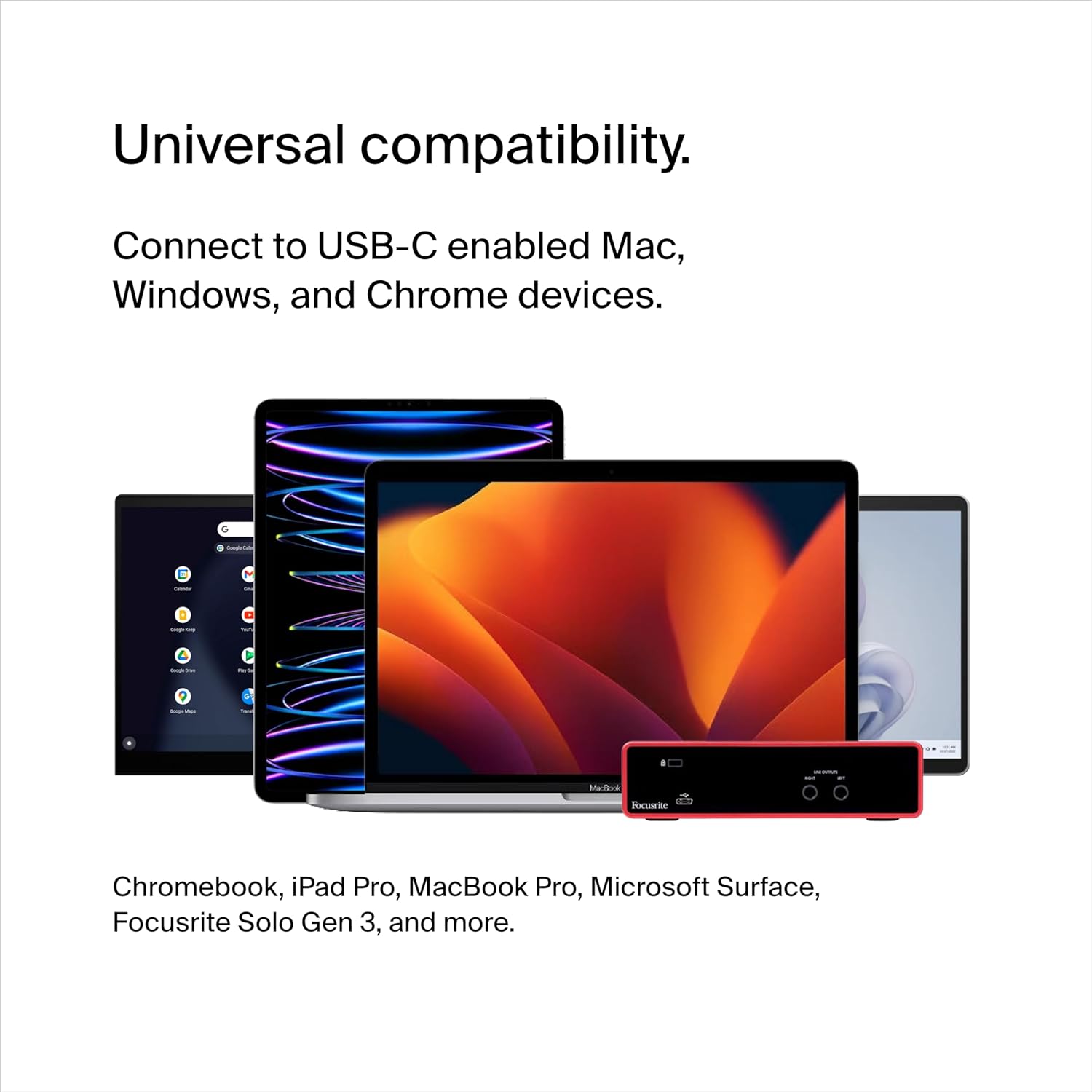 Universal compatibility with USB-C enabled devices including Mac, Windows, Chrome OS, iPad Pro, Microsoft Surface, and Focusrite Solo Gen 3.