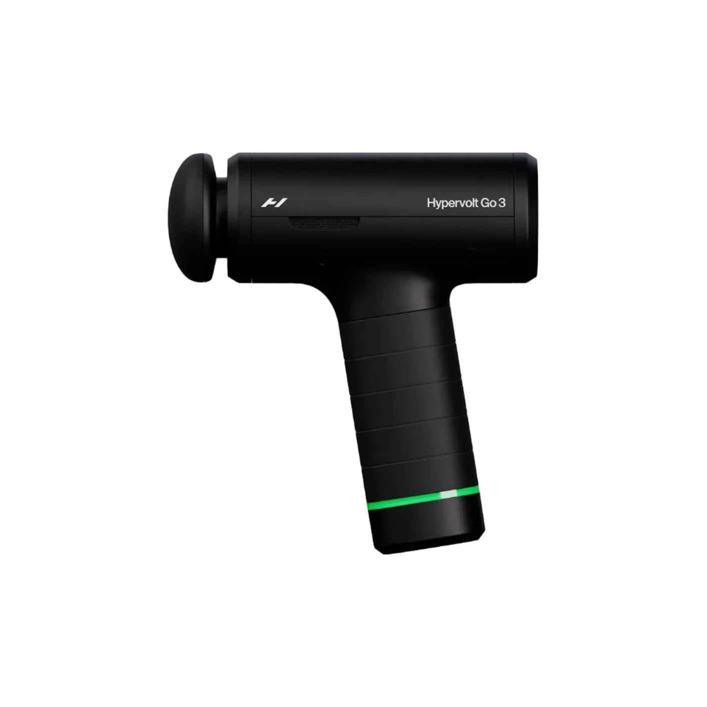 Black massage gun labeled 'Hypervolt Go3' on a gray background