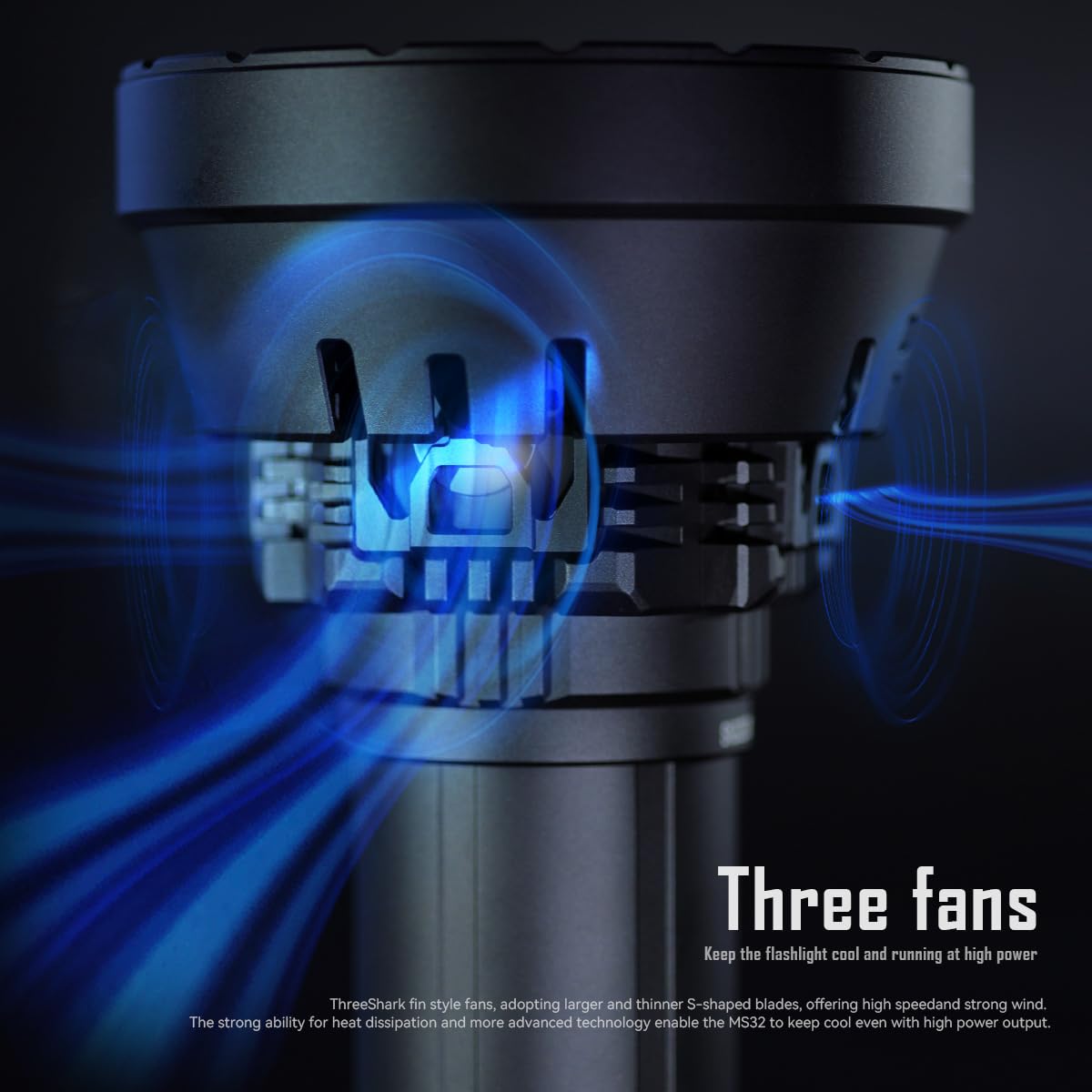  Close-up image of the IMALENT MS32 flashlight, focusing on its cooling mechanism. The image highlights three built-in fans, visualized with blue airflow lines to indicate cooling action. The text reads "Three fans - Keep the flashlight cool and running at high power," emphasizing the flashlight's advanced cooling system designed to maintain optimal performance during high-power operation.