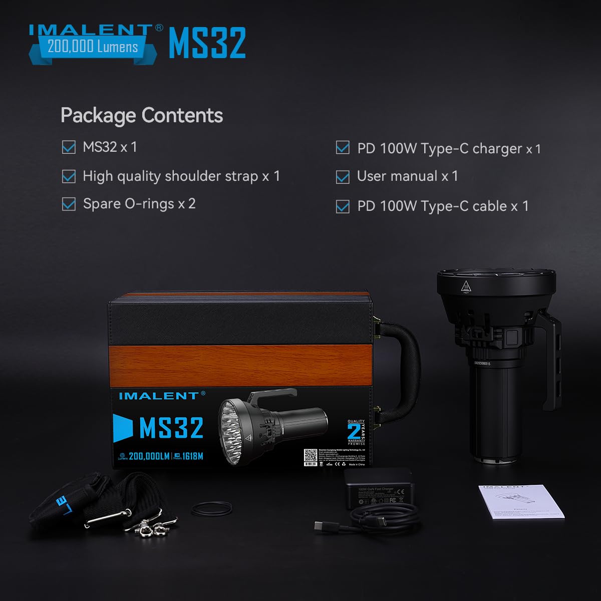 Image displaying the package contents of the IMALENT MS32 flashlight. The contents include the MS32 flashlight, a high-quality shoulder strap, spare O-rings, a PD 100W Type-C charger, a user manual, and a PD 100W Type-C cable.