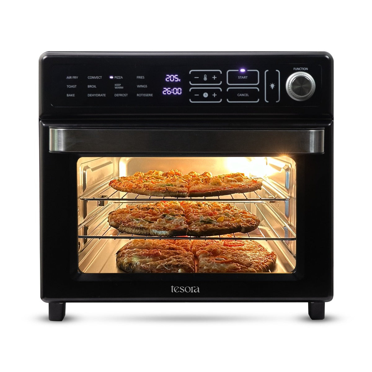 Tesora air fryer with dual-layer pizza racks cooking two pizzas, featuring a digital control panel and preset cooking modes.