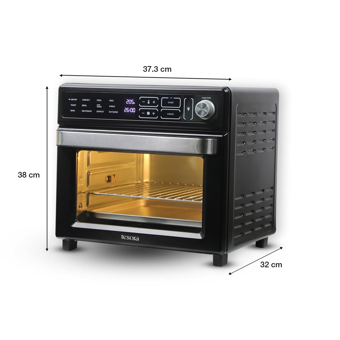 Compact air fryer oven with 37.3 cm width, 32 cm depth, and 38 cm height for versatile cooking.