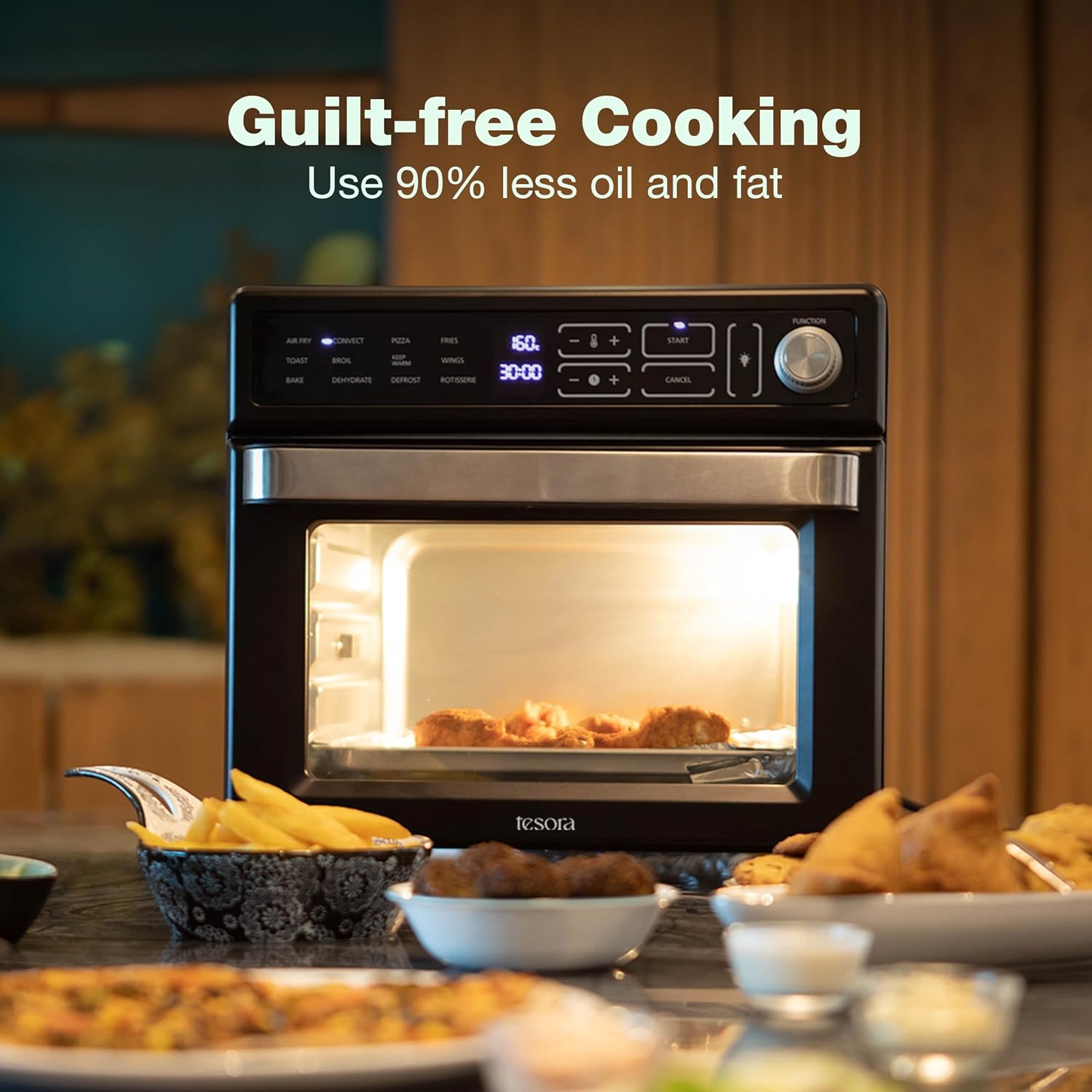 Air fryer oven offering guilt-free cooking with 90% less oil and fat.