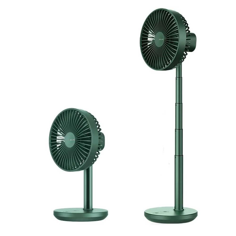 Adjustable height green standing fan with a modern design, featuring a telescopic pole and sturdy circular base, suitable for both tabletop and floor use, providing powerful and efficient cooling for any environment.