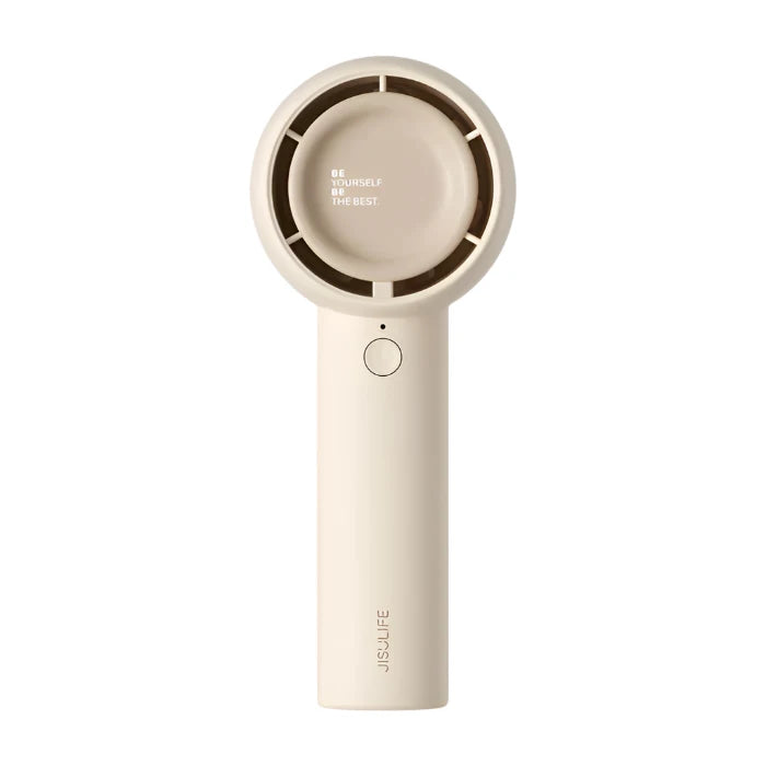 A beige handheld fan, designed for portability, featuring a motivational phrase "BE YOURSELF, BE THE BEST" on the fan's front-facing inner surface. The design is sleek and minimalistic, emphasizing both form and function.