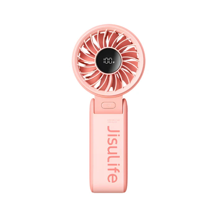 Jisulife portable fan in pink color featuring a digital display for battery life.