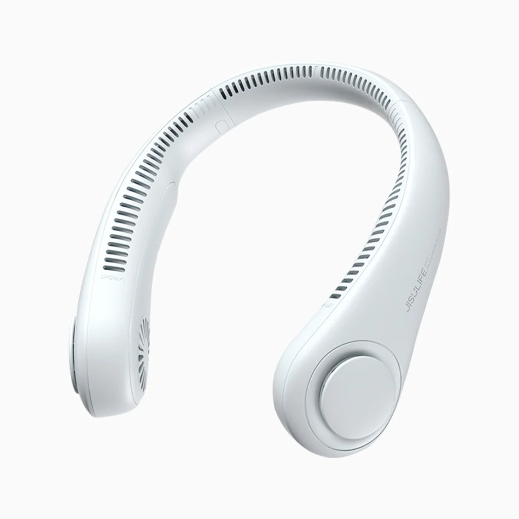 White JisuLife neck fan with a clean and modern bladeless design, featuring 360-degree air vents and an ergonomic shape for efficient and comfortable hands-free cooling.