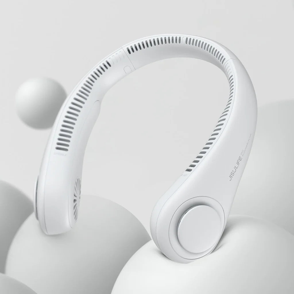 White JisuLife neck fan with a sleek and modern bladeless design, placed on a minimalist background, showcasing its ergonomic shape and 360-degree air vents for efficient hands-free cooling.